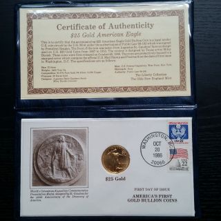 1986 $25 Gold American Eagle 1/2 Oz. ,  First Day Of Issue + photo