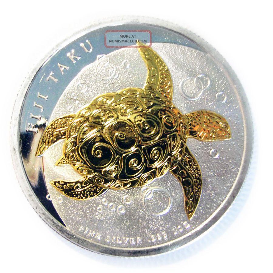 2012 1oz Ounce 999 Silver Coin Zealand Fiji Taku Turtle 24k Gold Gilded