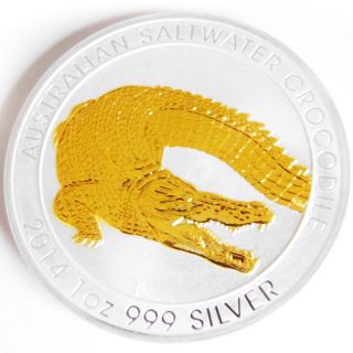 2014 1oz 999 Silver Australia Saltwater Crocodile 24k Gold Plated Gilded Coin photo