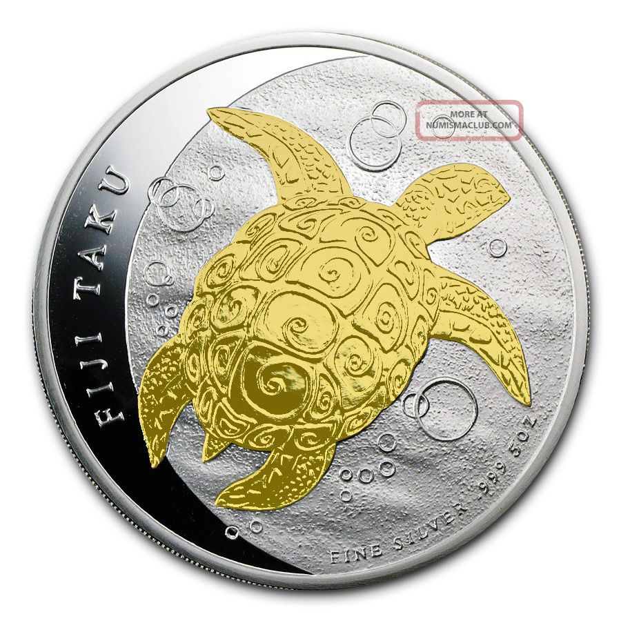 2013 5oz 999 Fine Silver Fiji Taku Turtle 24k Gold Gilded Zealand Coin Rare