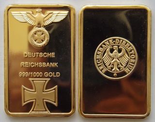 1 Oz Gold Plated Post Nazi Germany Iron Cross German Ww2 24k Bullion Bar photo