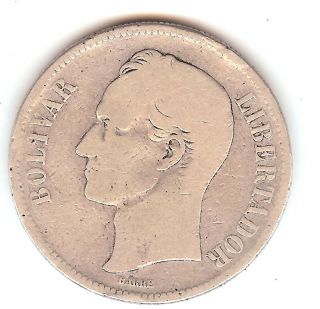 Venezuela 1886 Gram 25 (5 Bolivares).  72oz Silver 37mm Crown Rare Key Date Cir photo