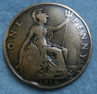 1916 One Penny Large Cent Uk Great Britain Foreign Coin Vintage 836 photo