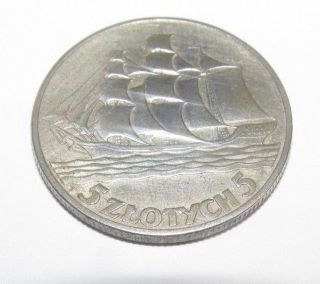 1936 Poland 5 Zlotych Silver Coin 8 Grams Rare Coin Tall Clipper Ship Nr photo