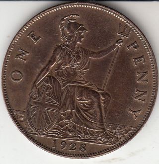 Bright Golden Toned 1928 King George V Penny (1d) Bronze British Coin photo