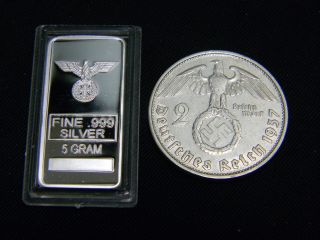 Nazi German Swastika 2 Mark Silver Coin & 5 Gram.  999 Iron Cross Silver Bar photo