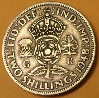 1948,  & 1949 Uk Great Britain British (2) Two Shillings Crowned Rose Coin photo