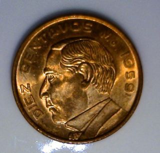 Mexico 10 Centavos 1959 Uncirculated Bronze Coin photo
