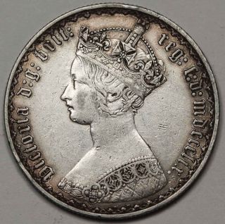 1859 Great Britain Uk Silver Florin Coin Vf,  /xf Queen Victoria Gothic Style photo