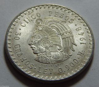1948 Mexico Silver 5 Pesos Coin -.  8680 Troy Oz Asw photo