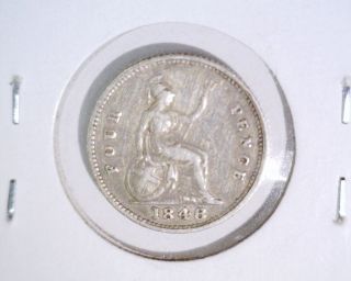 1848 Great Britain Silver 4 Pence Coin Groat Km 731.  1 Fine photo