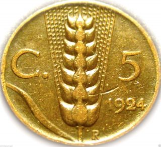 Kingdom Of Italy - Italian 1924r 5 Centesimi Coin - Great Wheat Coin photo