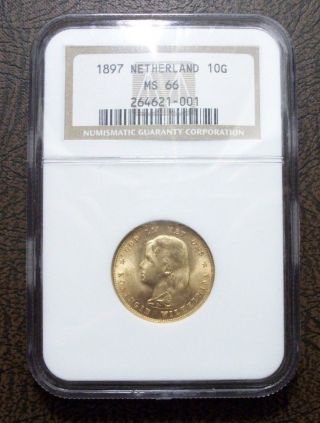 1897 Netherlands 10 Gulden Gold Coin Ngc Ms66.  Old Holder photo