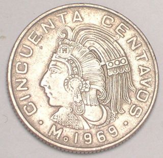 1969 Mexico Mexican 50 Centavos Cuauhtemoc Coin Vf, photo