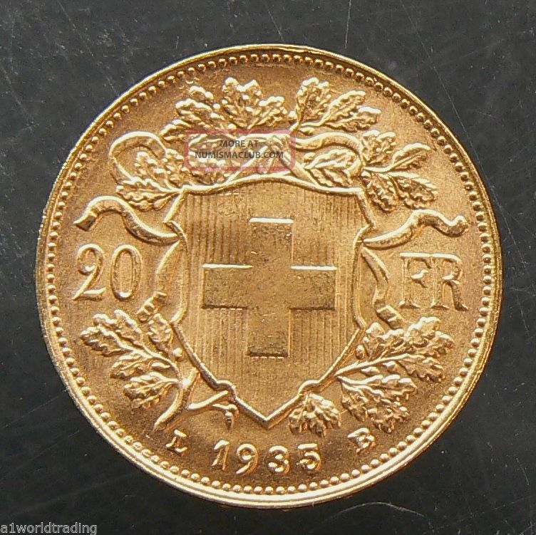 1935 B Swiss Helvetia 20 Francs Gold Coin
