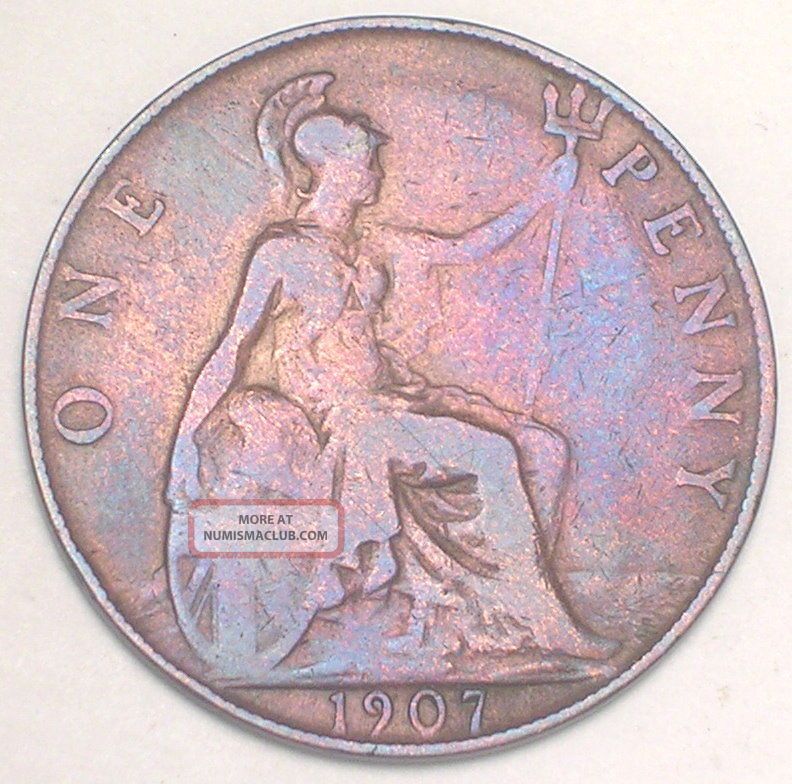 1907 Uk Great Britain British One Penny Edward Vii Coin F Toned