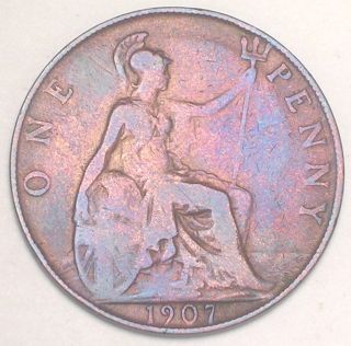 1907 Uk Great Britain British One Penny Edward Vii Coin F,  Toned photo