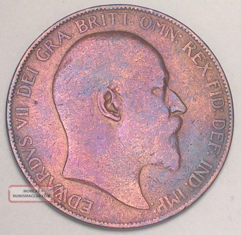 1907 Uk Great Britain British One Penny Edward Vii Coin F Toned