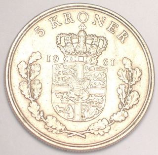 1961 Denmark Danish 5 Kroner Crowned Arms Coin Vf, photo