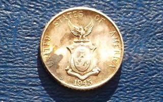 . 750 Silver 1945 - D Philippines 10 Centavos Standing Toned Coin 653 photo