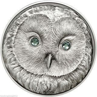 Mongolia 2011 500 Togrog Ural Owl 1oz Silver Coin With Swarovski Extremely Rare photo