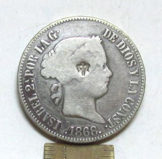 1868 Spanish Philippines 50 Centavos Silver Coin,  Queen Isabel Ii,  Counter Mark photo