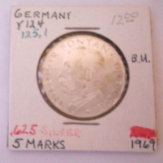 German Silver Coin K125.  1 5 Marks 1969 Bu photo