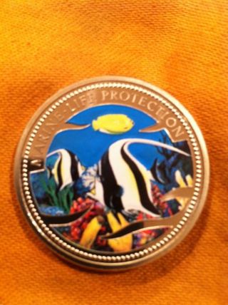 2001 Palau Marine Life Protection Angelfish & Mermaid $1 Color Coin Unc Bu photo