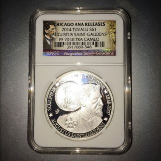 2014 Tuvalu Silver $1 - Augustus Saint - Gaudens - Ana Releases - Pf70 Uc Ngc Coin photo