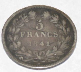 411 1841 France 5 Francs.  900 Silver Great Patina Domestic photo