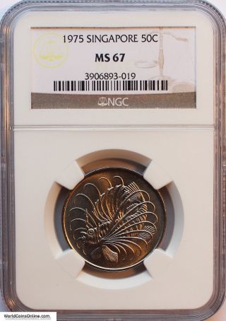Singapore 1975 Copper - Nickel 50 Cents,  Ngc Ms - 67.  Key Date. photo