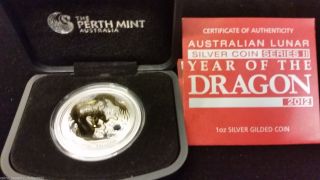 2012 Australia Dragon 1 Oz.  999 Fine Silver 24k Gold Gilded Coin W/box & photo
