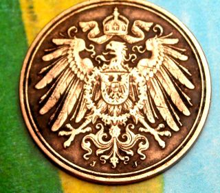 Xx - Rare 1911 - J German Empire Reich 1 Pfennig Copper Germany Coin Antique Ww1 Era photo