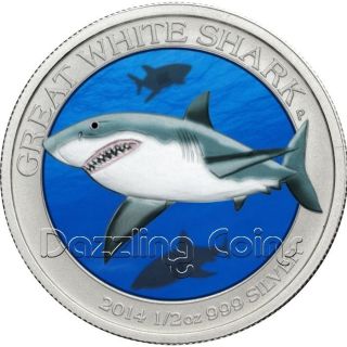 2014 Great White Shark Colorized Silver Bullion.  999 photo