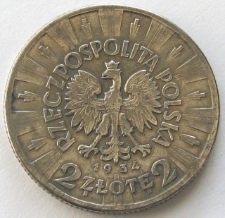 Poland,  Silver Coin,  2 Zlote 1934,  Pilsudski,  High Catalog’s Price photo