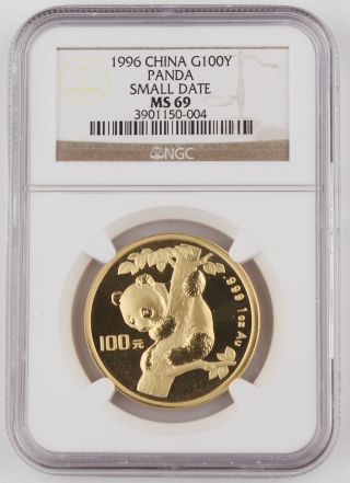 1996 China 100 Yuan 1 Troy Oz 999 Gold Chinese Panda Coin Ngc Ms69 Small Date Sd photo