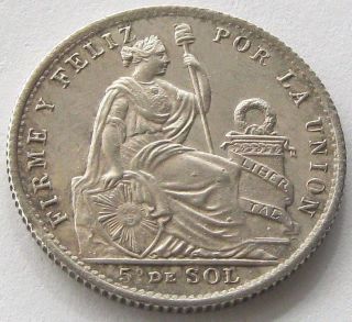 Peru,  Silver Coin,  1/5 Sol 1903 Jf,  Top,  Very Scarce,  Unc photo