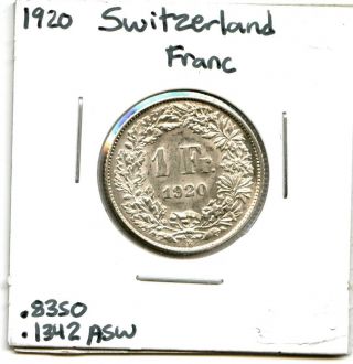 1920 Switzerland Silver Franc.  1342 Asw 8186 photo