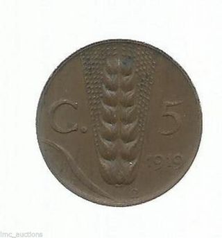 1919 R Italy Europe 5 Centesimi Bronze Coin Wheat Ear Divides Value Emanuele photo