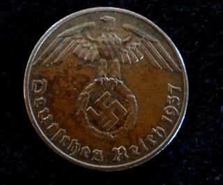 Wwii German Germany 3rd Reich Nazi Coin Swastika 1937 - A 1 Reichspfennig Coin photo