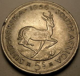 South Africa 5 Shillings 1956 - Silver - Elizabeth Ii.  - Vf/xf - 895 photo