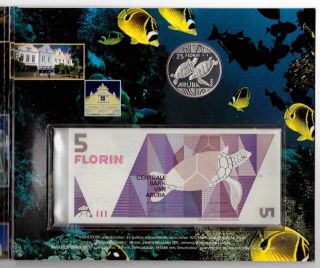 Aruba – Silver Unc 25 Florin Coin 1995 Km 15 Turtle,  Note 5 Florin P - 6 In Folder photo