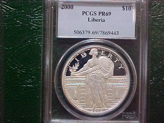 2000 - S Proof Liberia $10; Pcgs Pr69; ' Standing Liberty Quarter ' Design photo