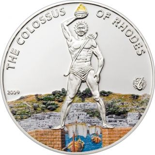 Colossus Of Rhodes $5 Silver Proof Color Coin Palau Antique 7 Wonders 2009 photo