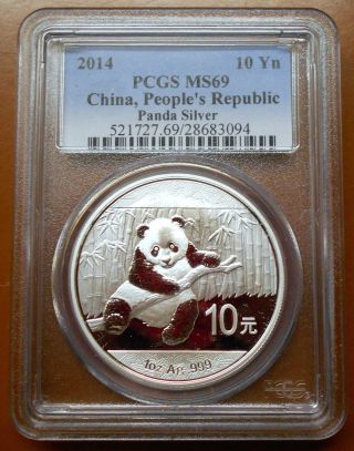 2014 People ' S Republic Of China 10 Yuan Silver Panda Coin - Pcgs Graded Ms 69 photo