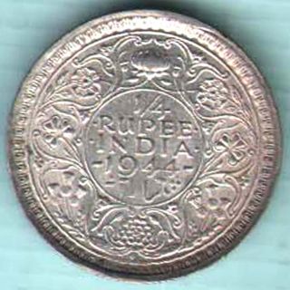 British India - 1944 - Bombay - 1/4 Rupee - Kg Vi - Rare Silver Coin U - 44 photo