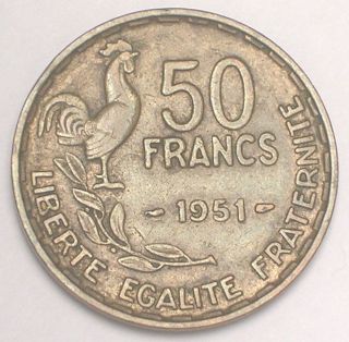1951 France French 50 Francs Rooster Coin Vf photo