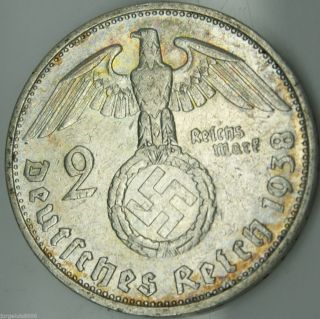 German Silver Coin 2 Rm 1938 G,  Nazi Coin,  Patina photo