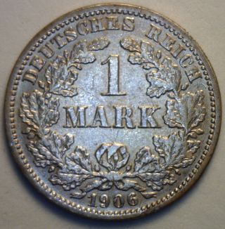 1906 J German Silver 1 Mark Coin Very Fine photo