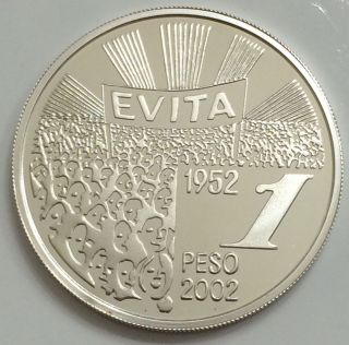 Argentina Silver Coin Peso Evita 50th Anniversary 1952 - 2002 photo